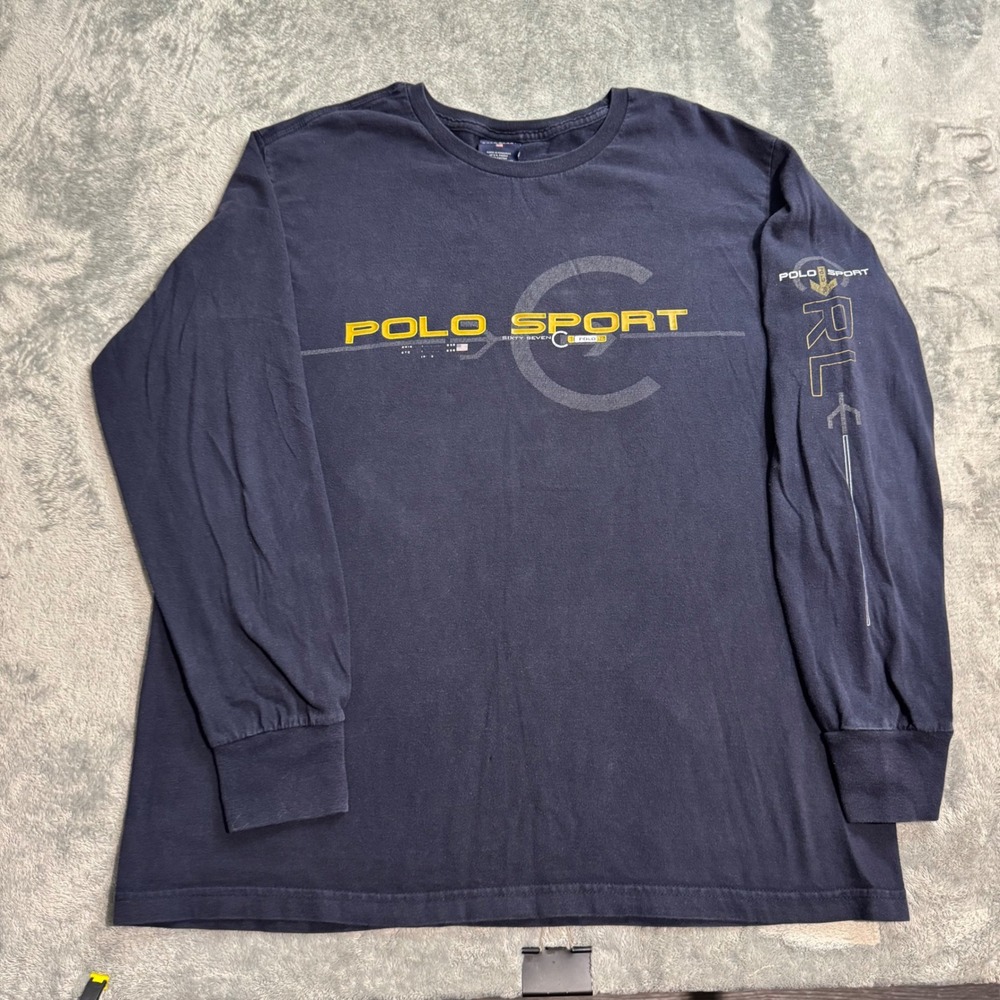 Vintage Polo Sport Ralph Lauren Navy Long Sleeve Graphic T-Shirt Mens Medium